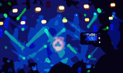 Stylised image of crowd at gig with one person videoing on phone